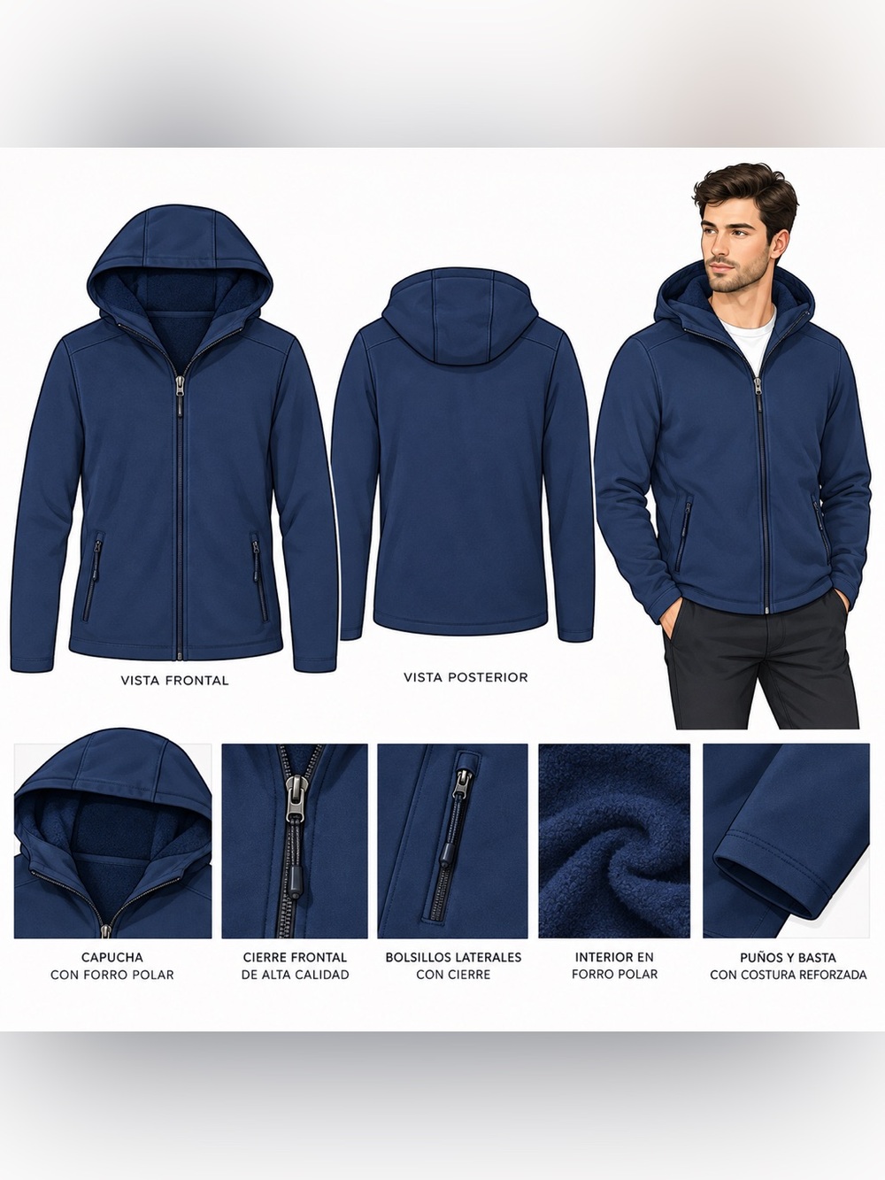 Men's Navy Hooded Softshell Windbreaker Jacket